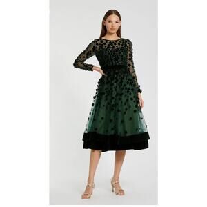 Mac Duggal Embellished Illusion High Neck Fit & Flare Dress Emerald Size 6 NWT